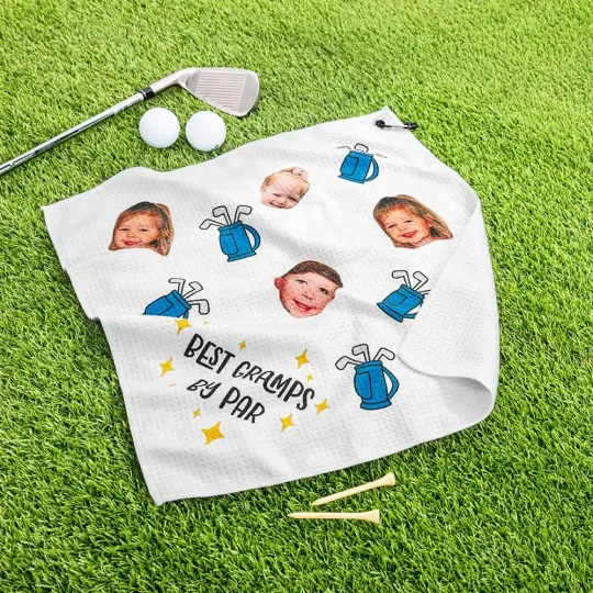Personalised Golf 1-3 Portrait Photos Waffle Towel with Name and Hanging Clip Birthday Father's Day Golf Accessories Gift for Golf Lover