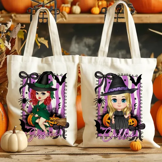 Personalised Cartoon Character Witch Pumpkin Reusable Canvas Tote Bag with Name Trick or Treat Halloween Party Gift for Boys Girls Women