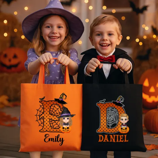 Personalised Spider Web Initial Cartoon Character Pumpkin Reusable Canvas Tote Bag with Name Halloween Party Favors Gift for Kids
