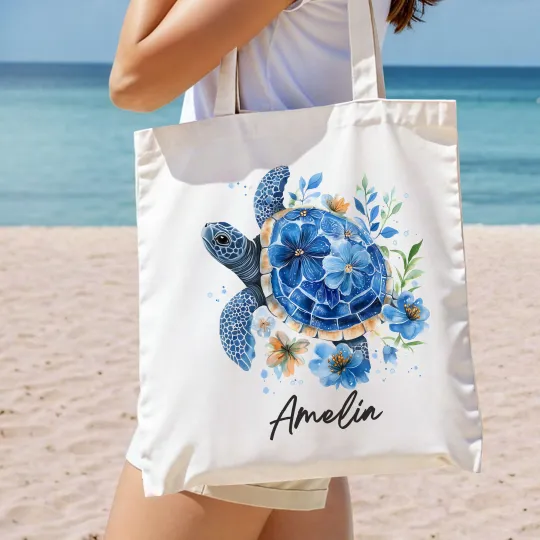 Personalised Floral Sea Turtle Reusable Canvas Tote Bag with Name Summer Beach Vacation Travel Essentials Birthday Gift for Women