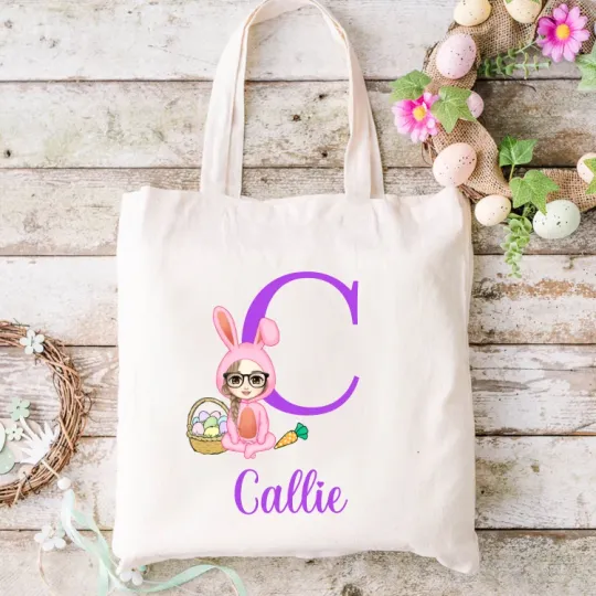 Personalised Cartoon Easter Bunny Character Canvas Tote Bag with Initial and Name Easter Party Gift for Boys Girls