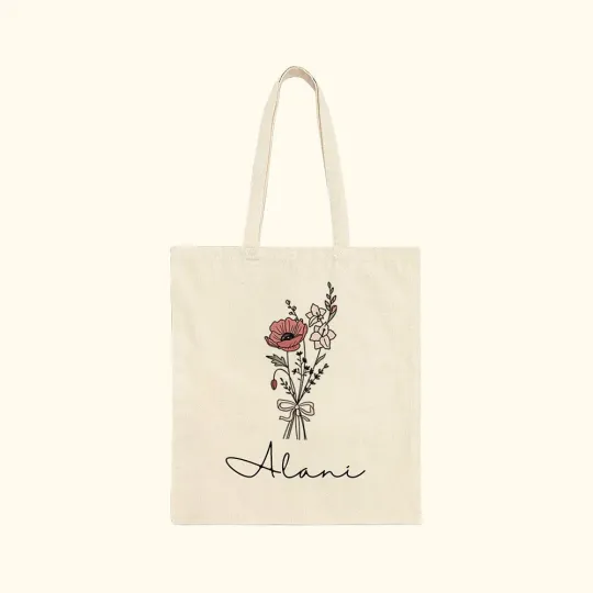 Personalised Birth Flower Bouquet Bow Canvas Tote Bag with Name Birthday Wedding Gift for Her