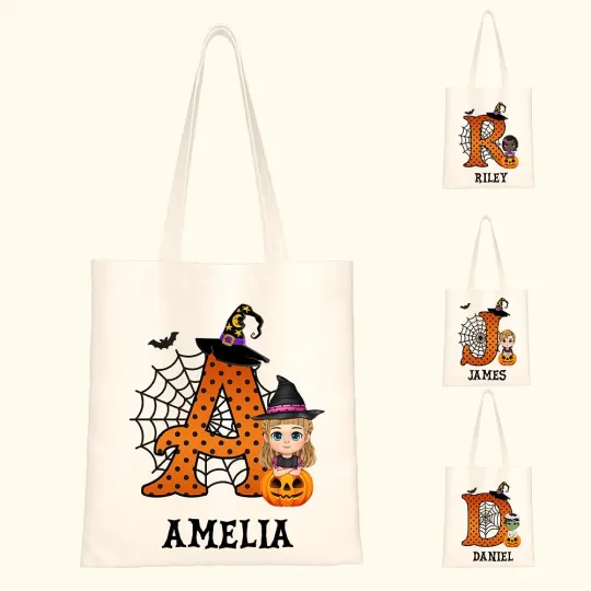 Personalised Cute Cartoon Character Pumpkin Design Canvas Tote Bag with Initial & Name Halloween Party Favor Gift for Kids