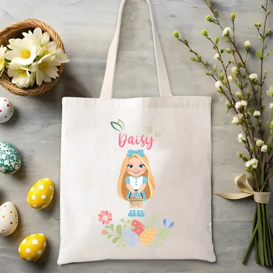 Personalised Floral Easter Eggs Cartoon Character Bunny Large Canvas Tote Bag with Name Birthday Easter Party Gift for Girls