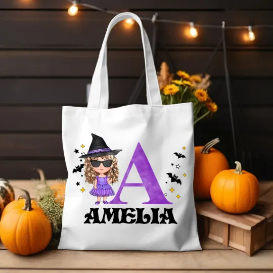 Personalised Cute Cartoon Character Canvas Tote Treat Bag with Name and Initial Trick or Treat Halloween Party Favor Gift for Kids