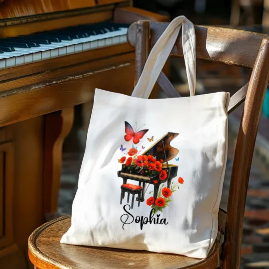 Personalised Birth Flower Piano Reusable Canvas Bag with Name Annual Anniversary Birthday Gift for Women Music Lovers