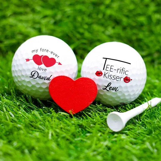 Personalised Funny Red Kiss Lip Heart Set of 3 Golf Ball with Names Birthday Valentine's Day Anniversary Gift for Golf Lover Couple