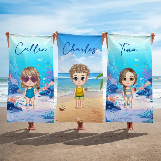Personalised Cartoon Kid Character Oversized Quick Dry Beach Towel with Name Summer Essentials Pool Party Birthday Gift for Boys Girls