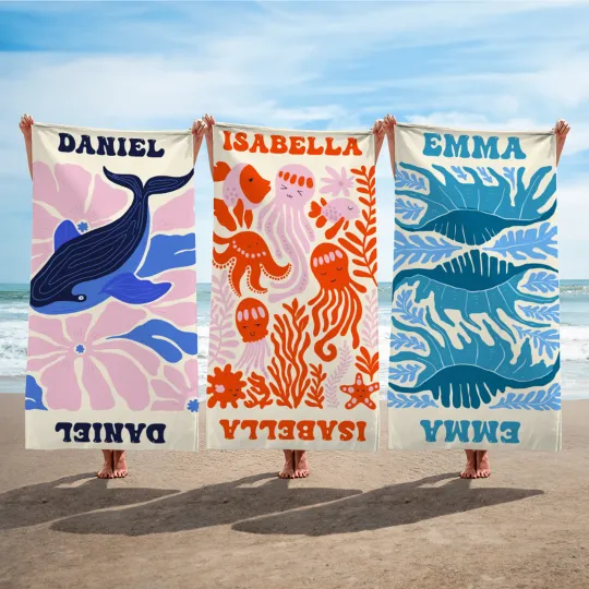 Personalised Fish Marine Life Art Illustration Oversized Quick Dry Beach Towel with Name Summer Vacation Travel Essentials Birthday Gift for Friends