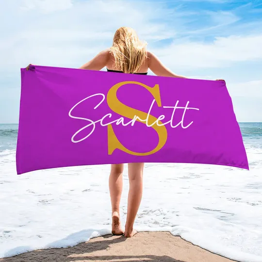 Personalised Multicolor Initial Quick Dry Oversized Beach Towel with Name Summer Travel Essential Birthday Gift for Family Kids