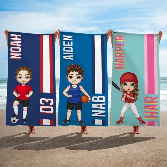 Personalised&nbsp;Ball Sports Cartoon Character&nbsp;Monogram Stripe Quick Dry Oversized Beach Towel with Name Beach Party Birthday Gift for Sports Lover