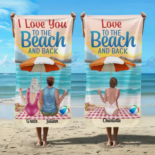 Personalised Love to The Beach and Back Cartoon Character Soft Quick Dry Oversized Beach Towel with Name Summer Party Birthday Gift for Him Her