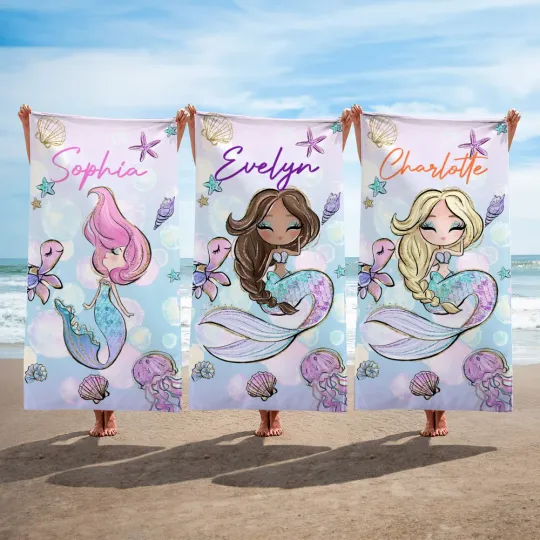 Personalised Cartoon Marine Fantasy Mermaid Quick Dry Oversized Beach Towel with Name Summer Beach Party Travel Essentials Birthday Gift for Girls