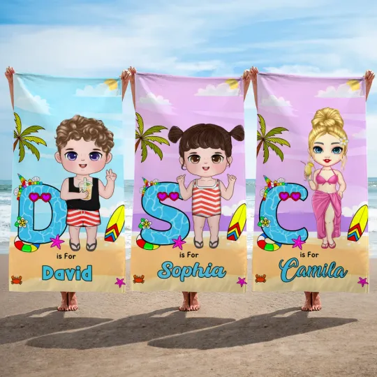 Personalised Cartoon Character Initial Soft Quick Dry Oversized Beach Towel with Name Travel Vacation Essential Birthday Gift for Kids Adults Swimmers