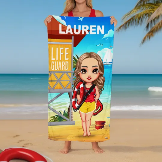 Personalised Cartoon Beach Swimming Pool Lifeguard Quick Dry Beach Towel with Name Summer Vacation Anniversary Gift for Lifesaver