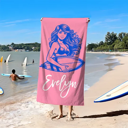 Personalised Multicolor Ocean Surfing Character Design Oversized Quick Dry Beach Towel with Name Beach Pool Party Birthday Gift for Surfing Enthusiast