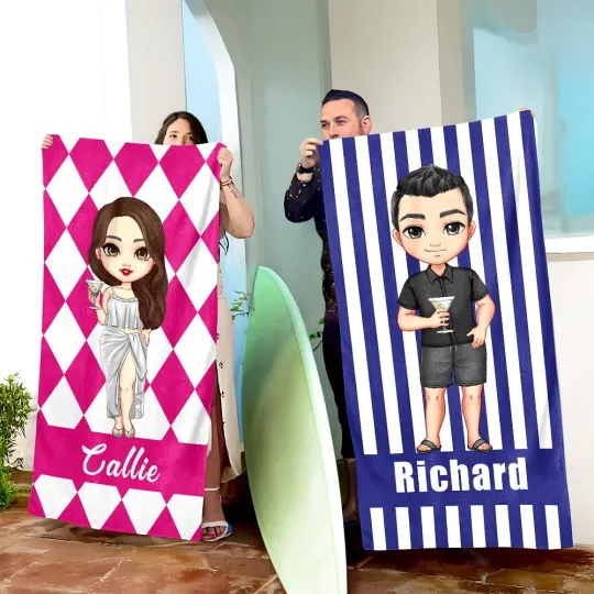Personalised Cartoon Character Striped Plaid Oversized Quick Dry Beach Towel with Name Summer Vacation Essential Birthday Gift for Family Friends