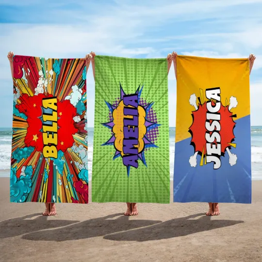 Personalised Comic Style Quick Dry Oversized Beach Towel with Name Summer Accessory Beach Party Birthday Gift for Friends Comic Lovers