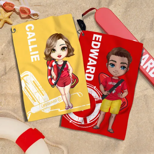 Personalised Cartoon Lifeguard Super Absorbent Waffle Sports Towel with Name Summer Vacation Birthday Appreciation Gift for Swim Lovers