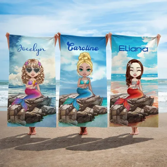 Personalised Cute Cartoon Mermaid Quick Dry Oversized Microfiber Beach Towel with Name Summer Travel Essentials Birthday Gift for Women Girls