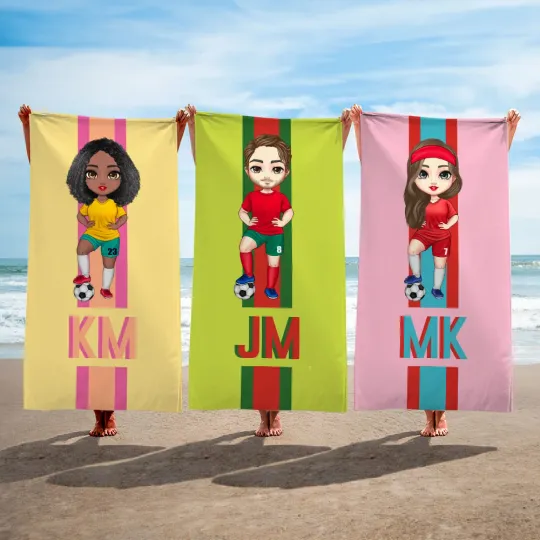 Personalised Soccer Cartoon Character Monogram Stripe Oversized Quick Dry Beach Towel  Vacation Accessories Birthday Gift for Soccer Lovers