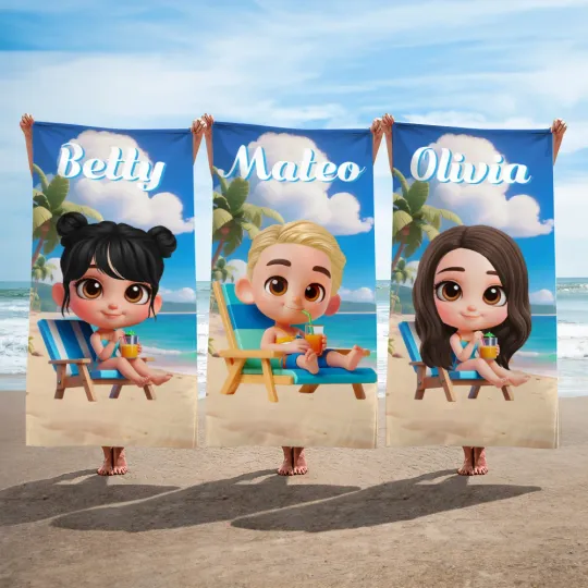 Personalised Cute 3D Cartoon Kids Quick Dry Oversized Beach Towel with Name Beach Party Travel Birthday Gift for Boys Girls