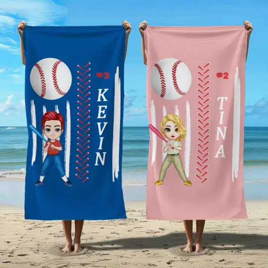 Personalised Baseball Cartoon Character Quick Dry Oversized Microfiber Beach Towel with Name Beach Party Essential Birthday Gift for Baseball Lovers