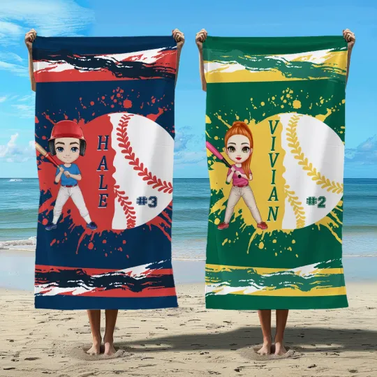 Personalised Ink Splash Baseball Cartoon Character Quick Dry Microfiber Beach Towel with Name Number Game Day Birthday Gift for Baseball Lover