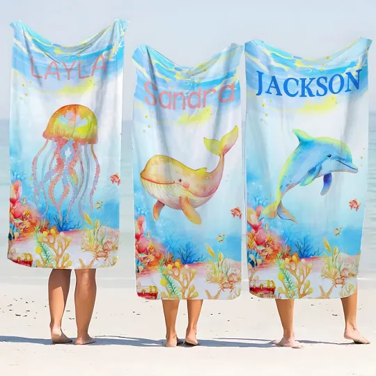 Personalised Cute Dolphin Jellyfish Marine Animals Quick Dry Oversized Beach Towel with Name Summer Vacation Accessory Birthday Gift for Kids