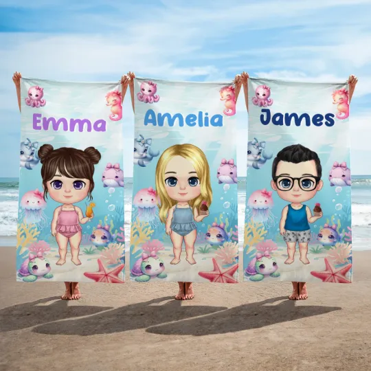 Personalised Underwater World Jellyfish Dolphin Cartoon Character Quick Dry Oversized&nbsp;Beach Towel with Name Vacation Travel Birthday Gift for Kids