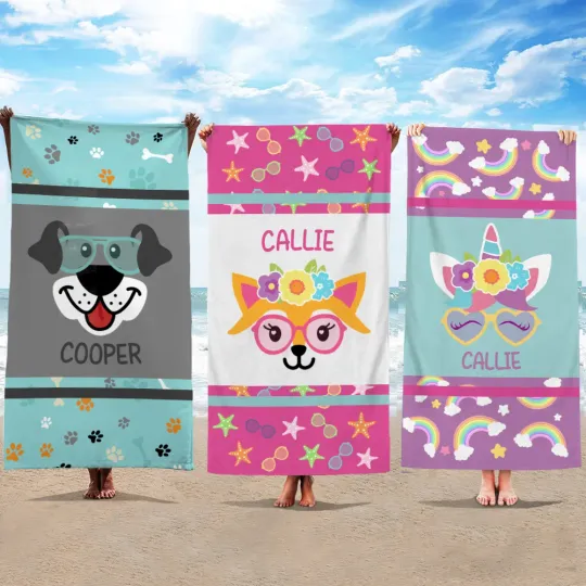 Personalised Fantasy Unicorn Dog Fox Monkey Design Oversized Quick Dry Beach Towel with Name Beach Pool Party Birthday Gift for Boys Girls
