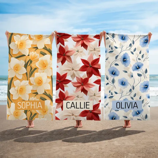 Personalised Birth Flower Quick Dry Oversized Microfiber Beach Towel with Name Summer Travel Essentials Birthday Gift for Family Friends