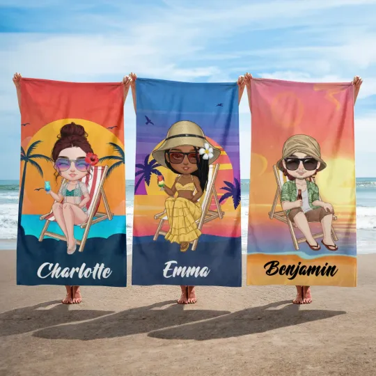 Personalised Retro Sunset Cartoon Character Quick Dry Oversized Beach Towel with Name Summer Travel Essentials Birthday Gift for Family Friends