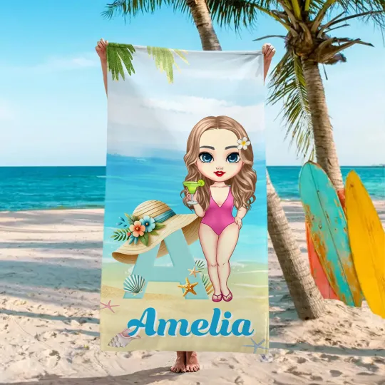 Personalised Cartoon Character Oversized Quick Dry Beach Towel with Name and Straw-Hat Initial Summer Essentials Birthday Gift for Family Members