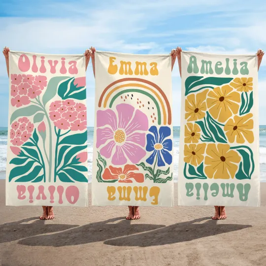 Personalised Multicolor Floral Quick Dry Oversized Beach Towel with Name Travel Essentials Birthday Summer Vacation Party Gift for Women