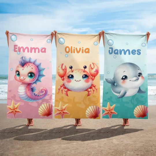 Personalised Cartoon Jellyfish Turtle Ocean Animals Quick Dry Oversized Beach Towel with Name Summer Party Travel Essential Gift for Kids