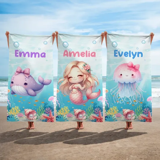 Personalised Cartoon Mermaid Ocean Animals Quick Dry Oversized Beach Towel with Name Summer Party Travel Gift for Kids Ocean Lovers