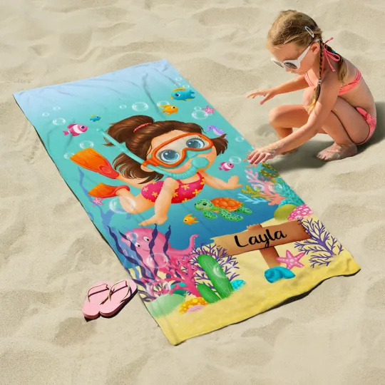 Personalised Microfiber Sea Turtle Coral Diving Kid Soft Quick Dry Beach Towel with Name Beach Essentials Gift for Girls Boys