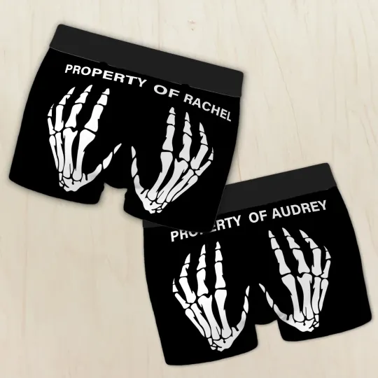 Personalised Property of Skeleton Hand Men Boxer Briefs Underwear with Name Wedding Birthday Anniversary Gift for Boyfriend Husband