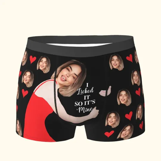 Personalised I Licked It So It's Mine Face Photo Boxer Brief with Red Lips Love Heart Men's Underwear Funny Birthday Valentine's Day Gift for Him