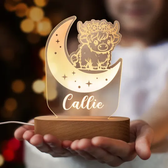Personalised Cute Highland Cow with Moon Acrylic LED Night Light with Wooden Base Home Decor Baby Shower Gift for Boys Girls