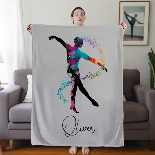 Personalised Watercolor Male Ballet Silhouette Soft Throw Blanket with Name Room Decor Birthday Dance Team Gift for Male Ballet Dancers