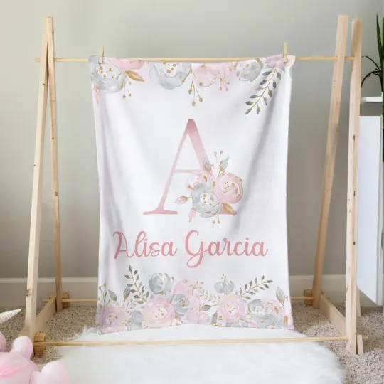 Personalised Pink Floral Soft Throw Blanket with Initial and Name Birthday Baby Shower Gift for Baby Girls