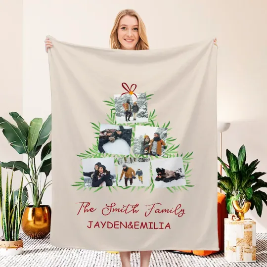Personalised Faux Christmas Tree 6 Photos Collage Soft Throw Blanket with Texts Multicolor Home Decor Holiday Birthday Gift for Family