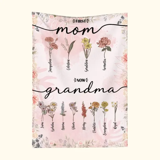 Personalised First Mom Now Grandma Birth Flower Fleece Blanket with Kid Names Women's Day Mother's Day Gift for Grandma Mom