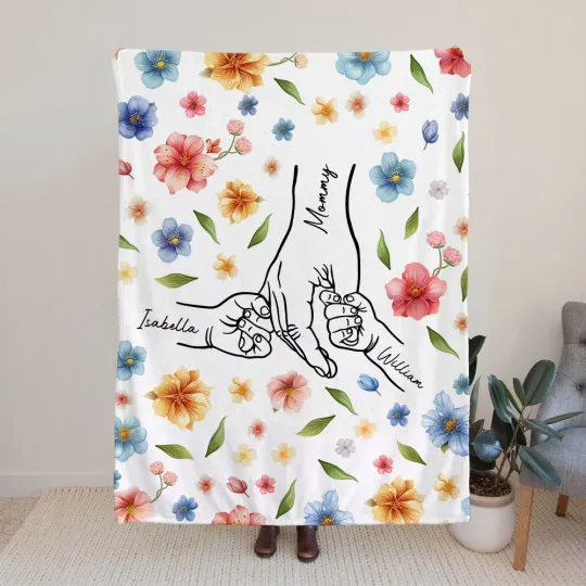 Personalised Holding Mommy's Hand Watercolor Flower Soft Cozy Blanket with Names Mother's Day Birthday Gift for Mom Grandma