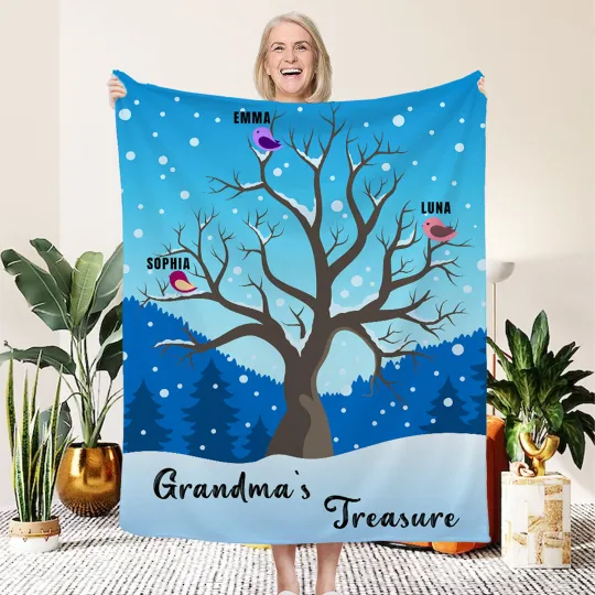 Personalised Bird Tree Branch Soft Throw Blanket with 1-12 Names Home Decor Thanksgiving Birthday Gift for Grandparents