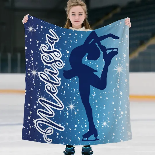 Personalised Skating Girl Silhouette Soft Throw Blanket with Name Home Decor Game Day Birthday Gift for Skating Enthusiasts