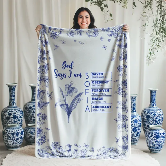 Personalised Toile De Jouy Birth Flower Bible Chapter Name Soft Throw Blanket Baptism Birthday Christmas Gift for Women Christians