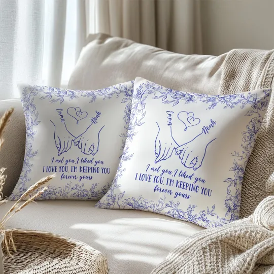 Personalised Toile De Jouy Holding Hands I'M Keeping You Throw Pillow Cover with Names Home Decor Birthday Anniversary Gift for Couple Family